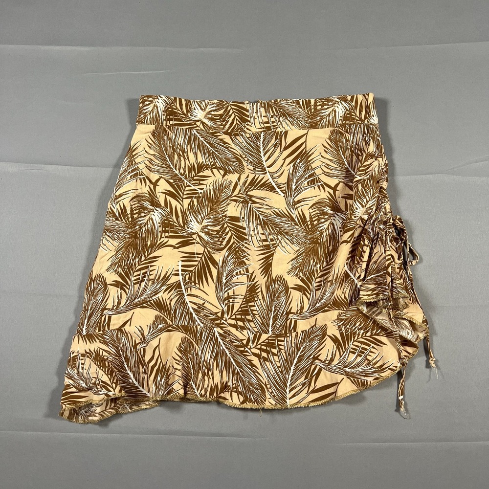 Mylace Mini Skirt Womens 36 Brown Palm Print High Waisted Ruched Side Ruffle Hem